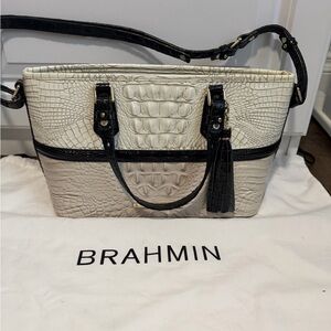Brahmin Ivory and Black Croc-Embossed Tote